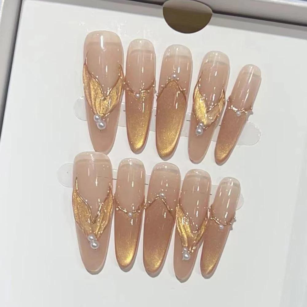 10Pcs Handmade Cat Eye Gradient Long Coffin Stiletto Press On Nails With Glitter Diamond Pearl Flower Bowknot Decorations