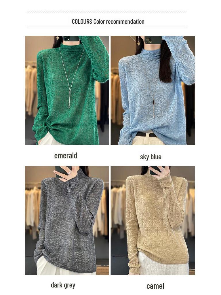 Весенний шерстяной свитер 2025 года: Пуловер с полувысоким воротом, длинными рукавами и цветочным узором