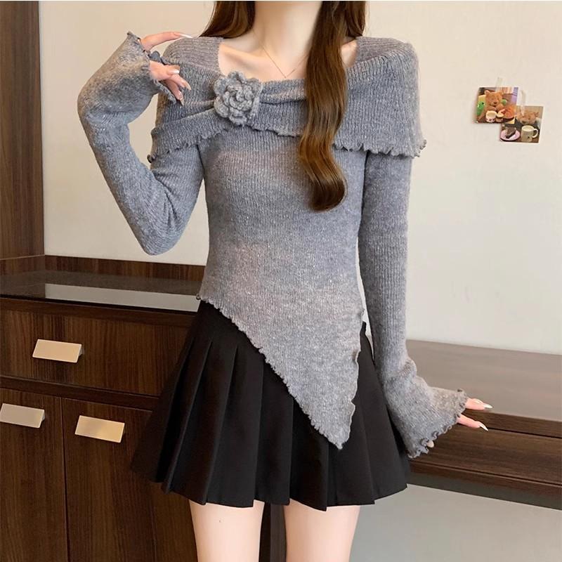 Autumn French Ruffle Flower Off Shoulder Long Sleeve Knit Top Women Irregular Flare Sleeve Shirt