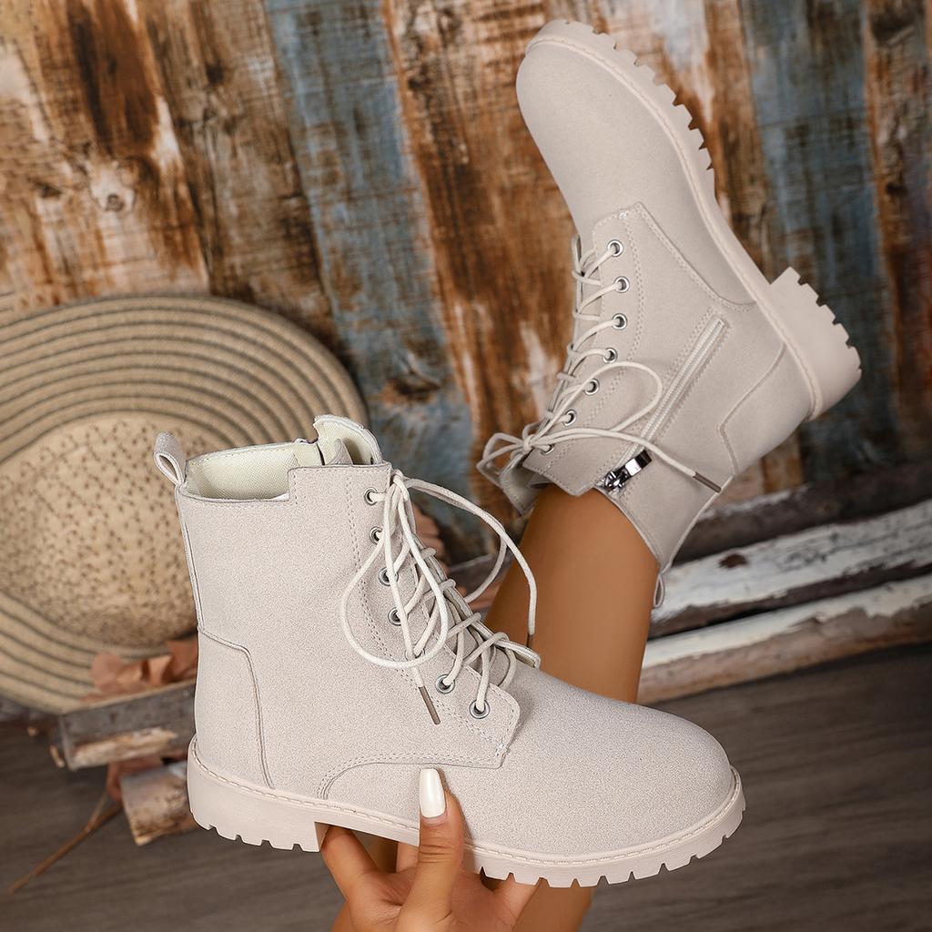 Ретро Однотонные Ботильоны на Молнии для Женщин Осень Зима Квадратный Каблук Шнуровка Женские Ботинки Большой Размер Обувь Женская с Круглым Носком