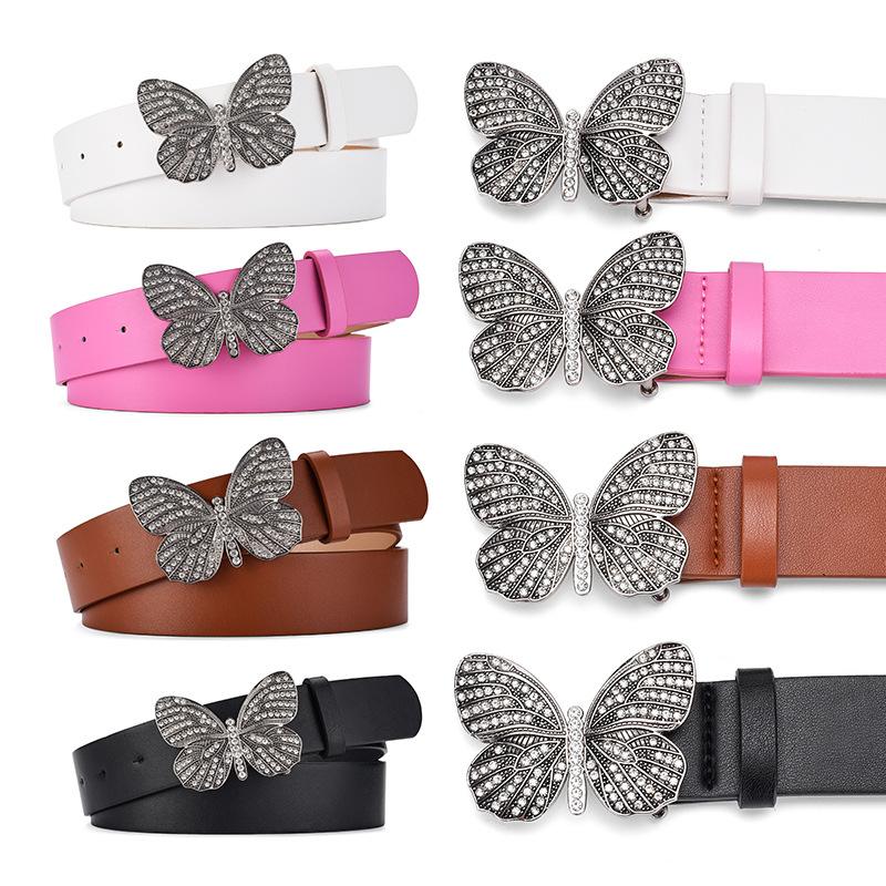 Autumn And Winter Millennial Sweet Girl Rhinestone Butterfly Buckle Women'S Belt Sweet Decorative Jeans Dress Belt Women