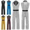 Mens Retro 1920s Disco Jumpsuit Lapel V Neck Sleeveless Wide Leg Metallic Shiny Romper for Club