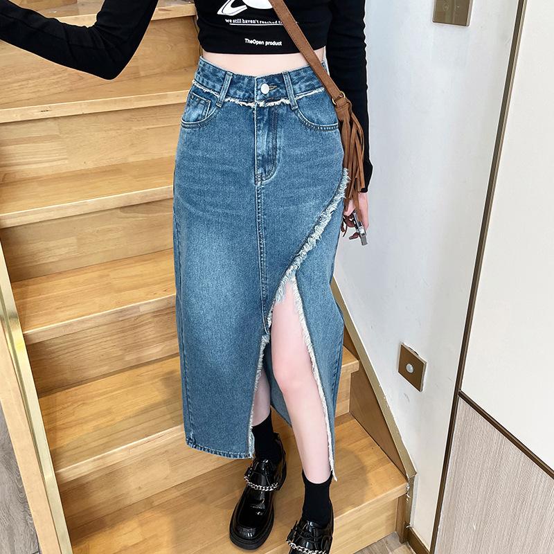 Необработанный край Дизайн А-силуэта Женская Нестандартная Винтажная Высокая Талия Разрез Пакет Бедра Средней Длины Юбка Универсальная Удобная Модная Джинсовая Юбка-Бюстье