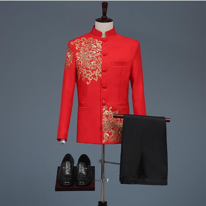 Men Stylish Embroidery Black Red White Blue Gold Floral Pattern 2 Sets Suits Stage Singer Wedding Groom Jacket Pants 2 Pieces