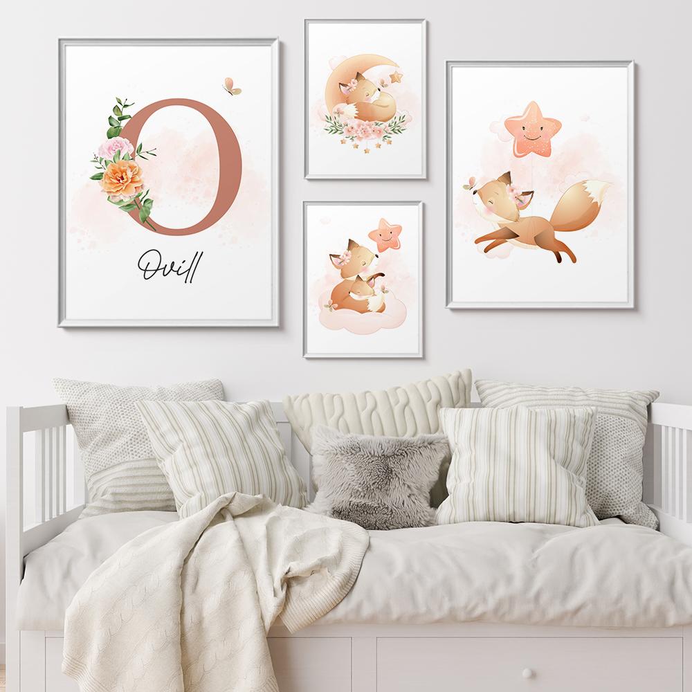 Nordic Custom Name Персонализированное Животное Лиса Настенная Живопись Холст Картина Плакаты Картина Для Детей Детская Комната Девочки Домашний Декор