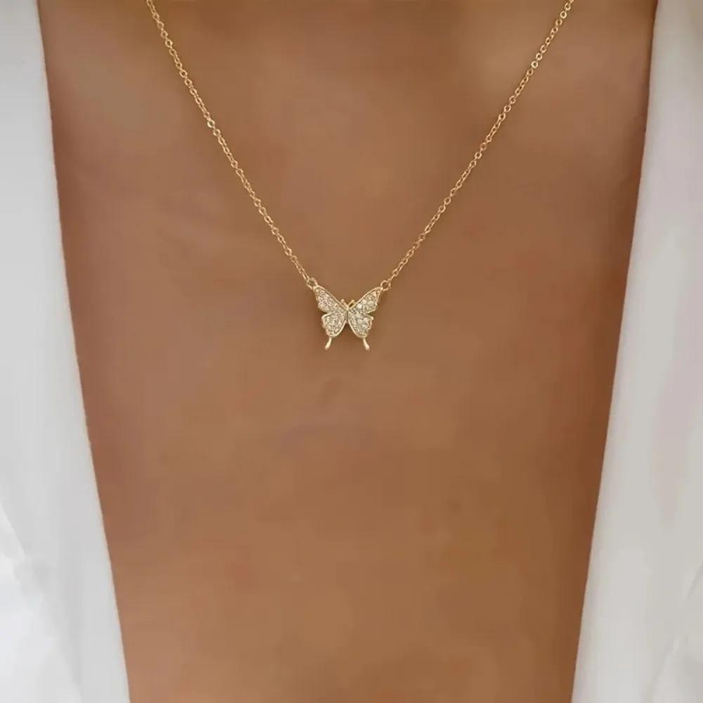 Elegant Rhinestone Butterfly Pendant Necklace Simple Thin Metal Chain Choker Necklace Women's Trendy Party Neck Jewelry