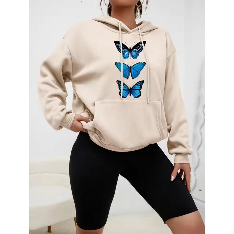 Creative Butterfly Design Print Women Hoodie New Street Casual Sweatshirt Fashion Fleece Hoody Pocket Comfortable Female Tops