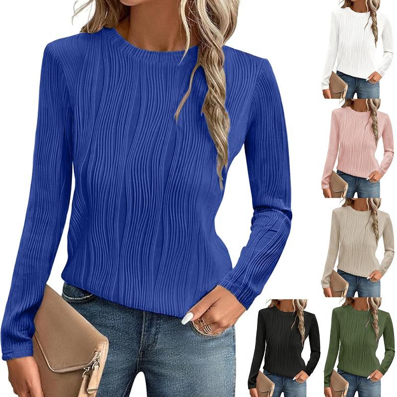 Женская повседневная однотонная футболка с длинным рукавом и круглым вырезом