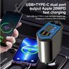 120W 5 In 1 Retractable Car Charger USB C Cable 3 Ports with Retractable Cords with Volt Display For IPhone Huawei Samsung