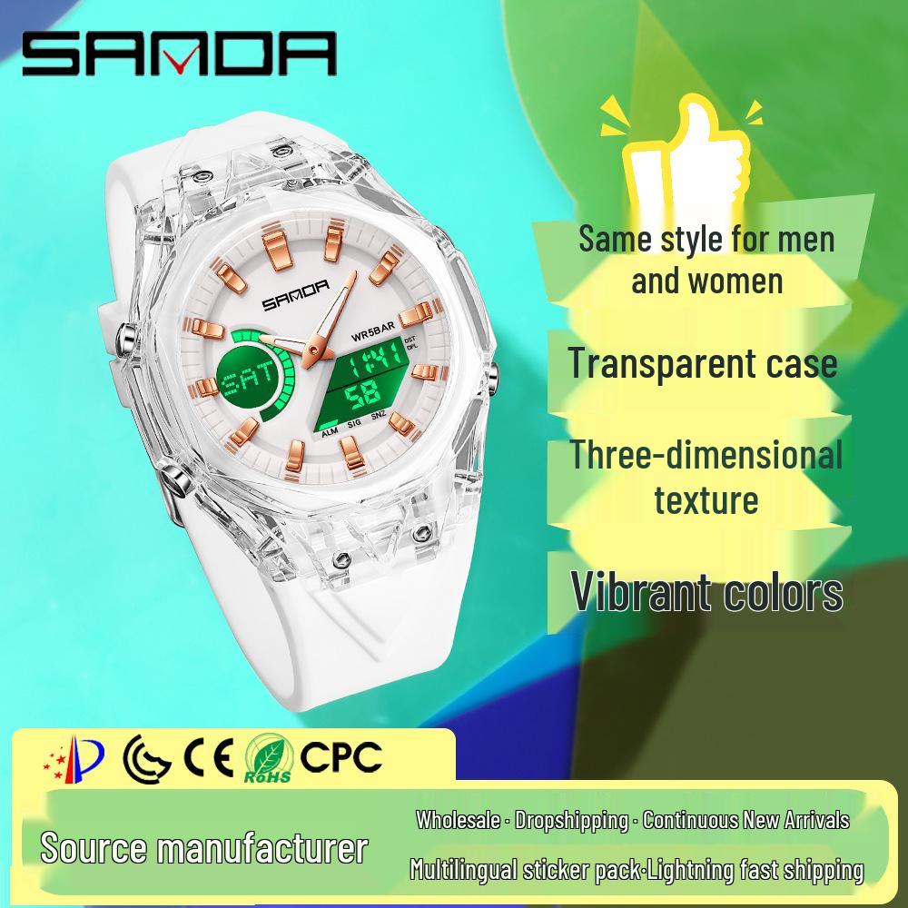 Модные наручные часы Sanda с двойным дисплеем, многофункциональные, с цветным прозрачным корпусом, для молодежного корейского стиля