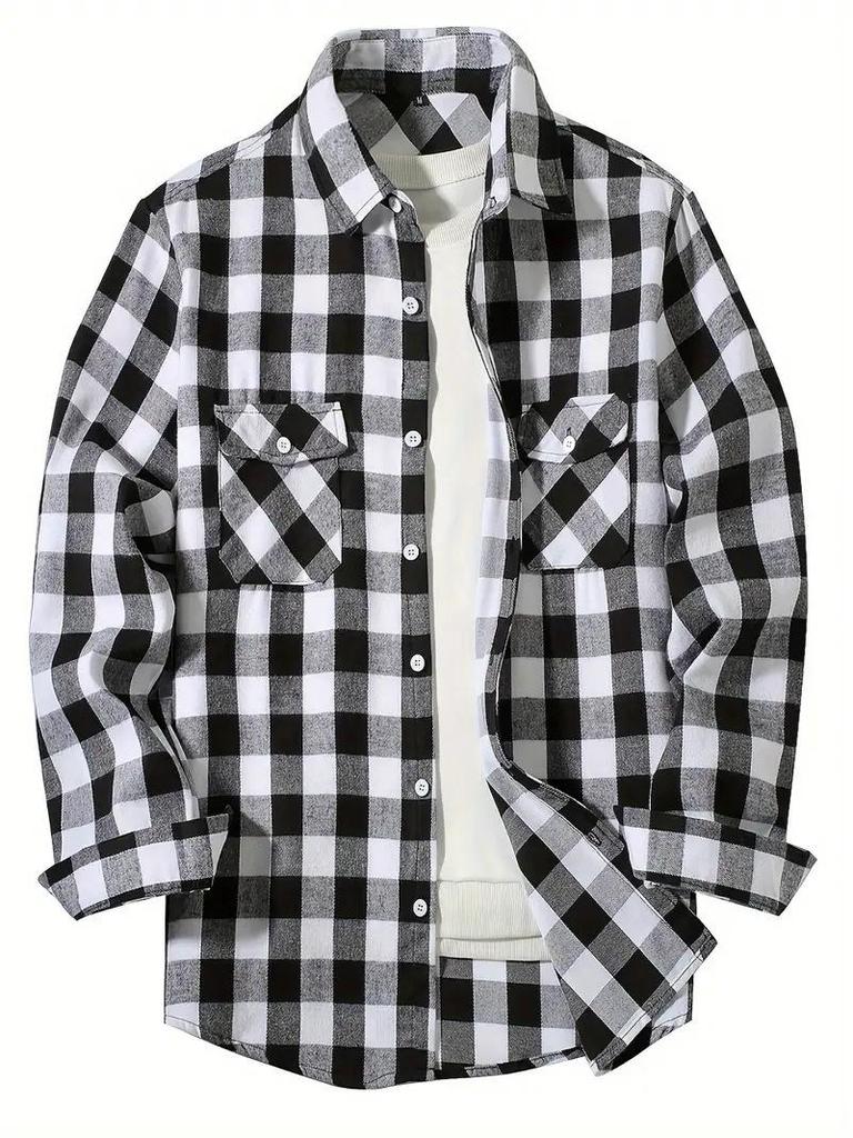 European Size Plaid Hooded Short-Sleeved Men's Cardigan Shirt with Double Pocket Flap