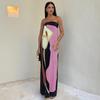 Women Maxi Dress Off Shoulder Sleeveless Backless Color Matching Print Slim Fit Straight Bandeau Anti-slip Prom Party Beach Long Dress