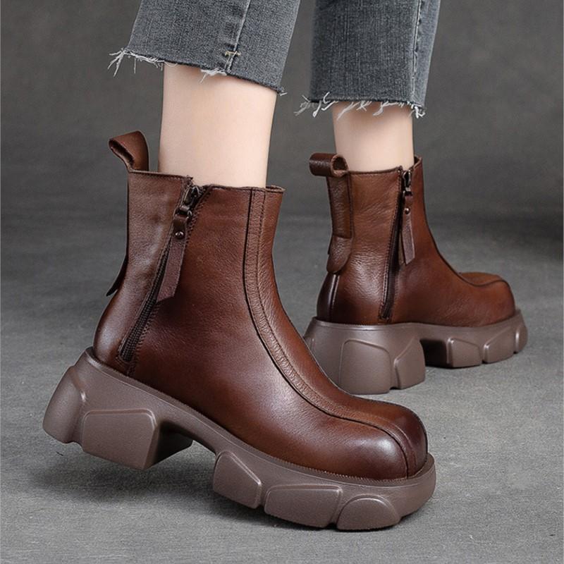 Johnature Ботинки из натуральной кожи на толстом каблуке, женские однотонные туфли с круглым носком в стиле ретро, ​​ботильоны на толстой подошве