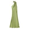 Womens Satin Evening Dress Solid Color Halter Neck Slanted Shoulder Party Gown