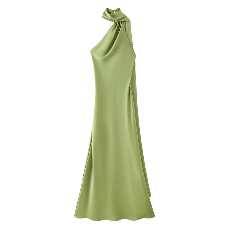 Womens Satin Evening Dress Solid Color Halter Neck Slanted Shoulder Party Gown