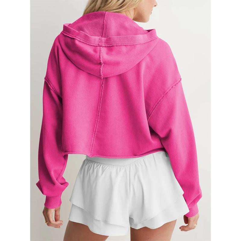 Fashion Women's Spring Autumn Hooded Sweatshirt Long Sleeve Solid Color V Neck Crop Hoodie