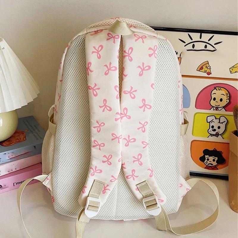 3Pcs Set Cute Large Capacity Backpack Korean Fashion Bow Print Bag Nylon Bags Student Schoolbag Adjustable Strap Travel Backpack