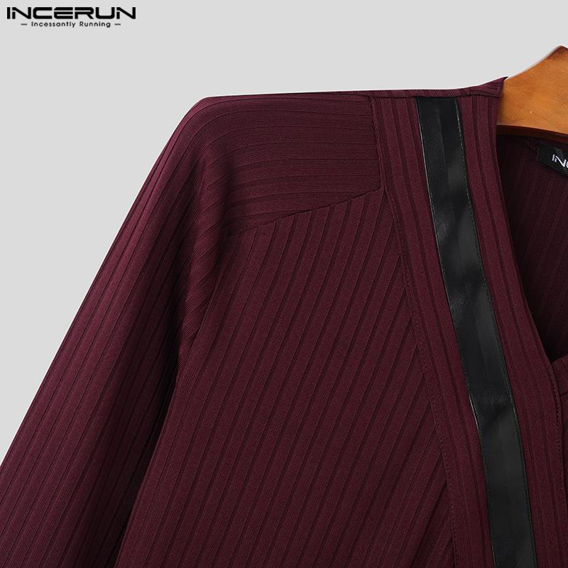 INCERUN Men V Neck Long Sleeve Patchwork Casual Fitted Rib T-shirts Undershirts