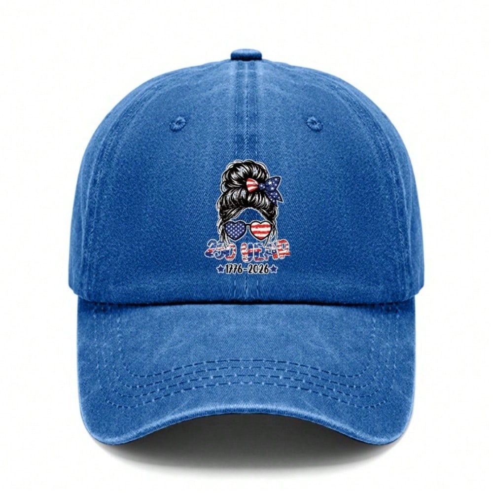 [250Th Anniversary Baseball Cap] Unisex Patriotic Messy Bun Print Adjustable Sun Hat For Women Men, Vintage Washed Style Outdoor Sports Accessory For
