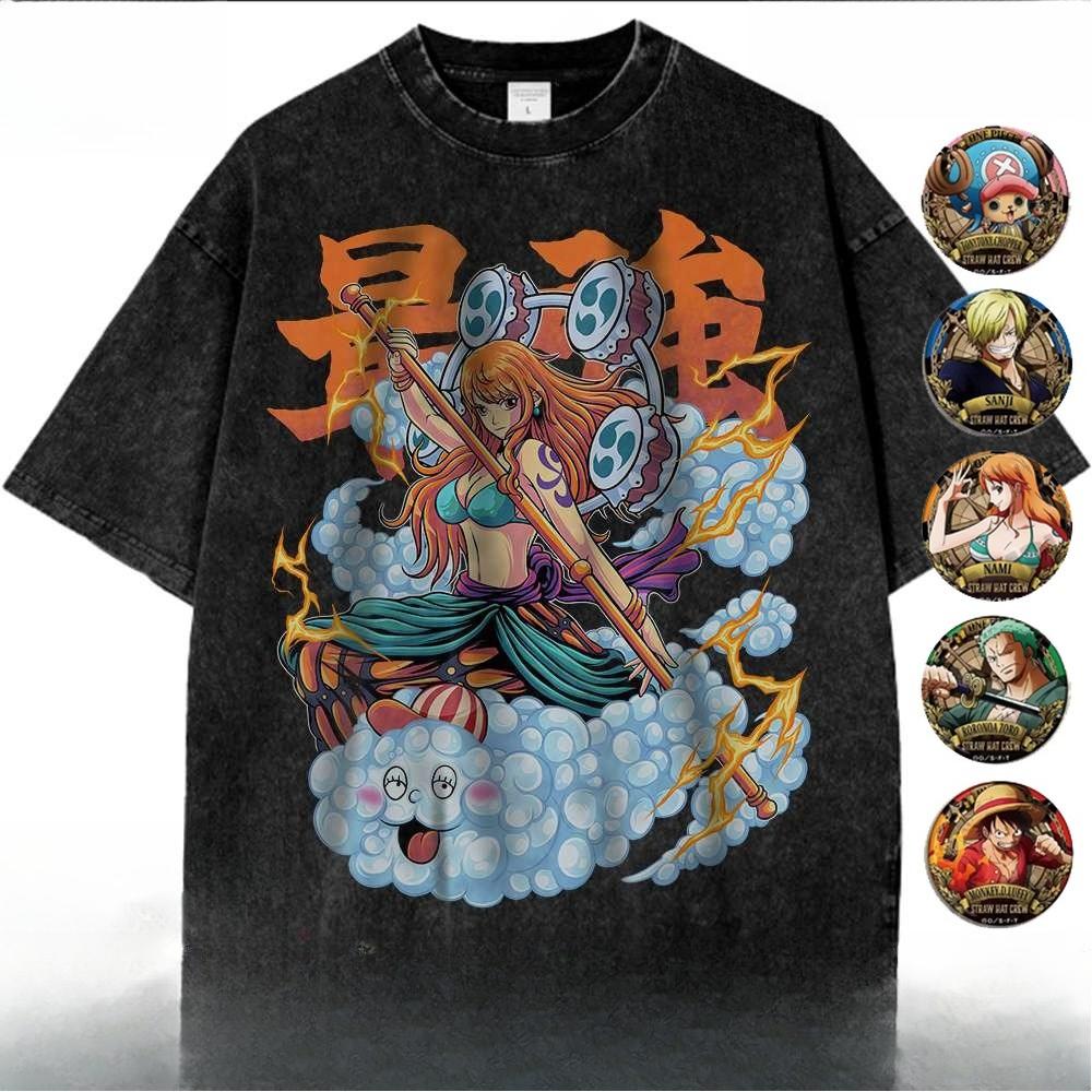 Anime One Peice Nami Printed Tshirt Mens and Womens Washed Tshirt High Quality Vintage Cotton Tshirt Harajuku YK Tops