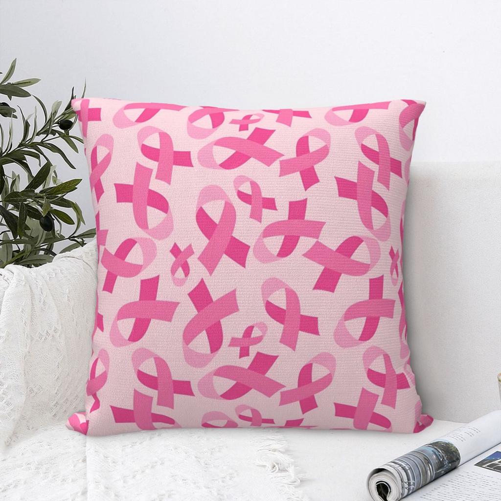 Breast Cancer Awareness Month Square Pillow Case Ribbon Cushion Covers Vintage Polyester Decorative Pillowcase for Car 45x45cm