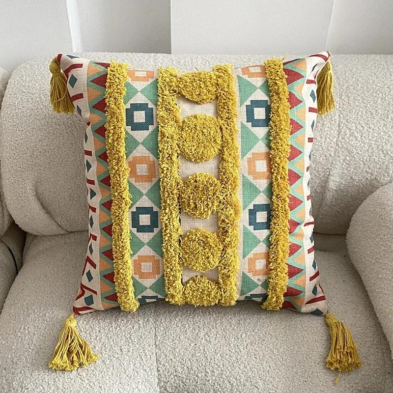 45x45cm Boho Tufted Throw Pillow Cover with Handwoven Stripes Tribal Bohemian Cotton Hand Woven Tufted Square Cushion Covers