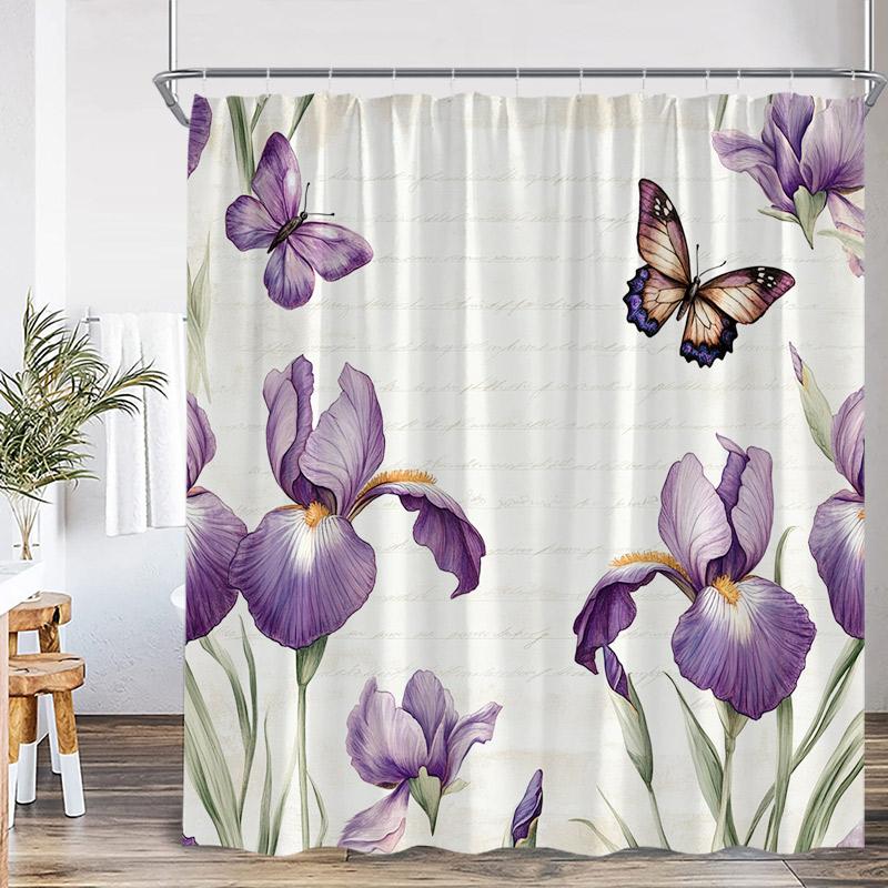Floral Butterfly Shower Curtains Vintage Paris Tower Butterflies Watercolour Pink Purple Flowers Bath Curtain Bathroom Decor Set