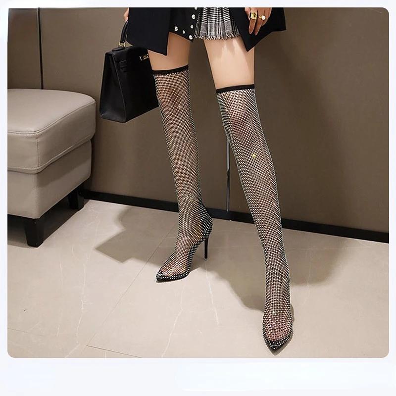 Женские сапоги 2024 года, летние новые сандалии, большие размеры, дышащие сапоги выше колена, модные, сексуальные, с острым носком, на высоком каблуке, 34-42