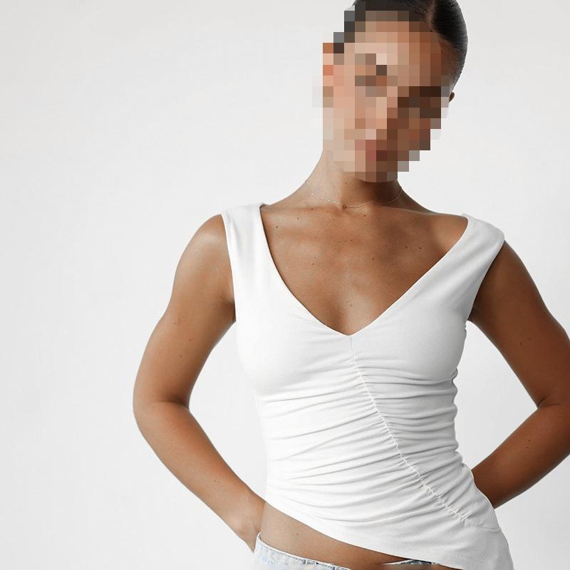 Summer women's solid color V-neck sleeveless pleated irregular sexy slim fit vest