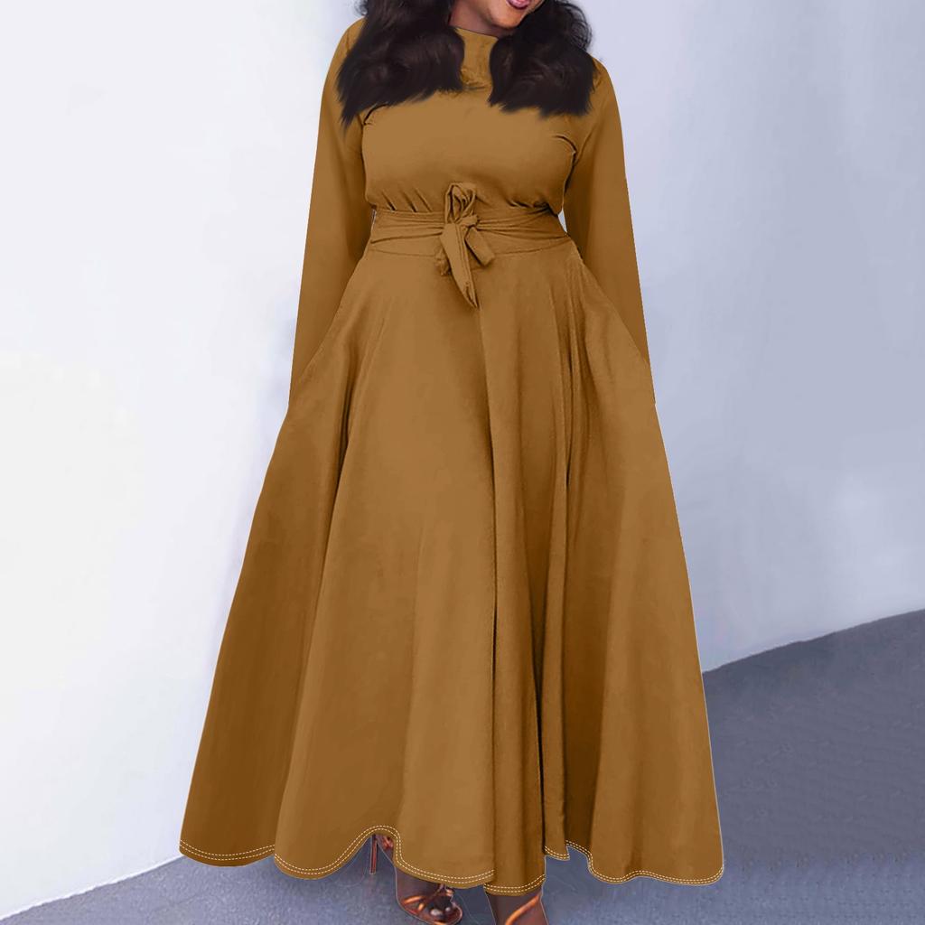 Женское повседневное модное платье большого размера с круглым вырезом и длинным рукавом с карманами на бретелях