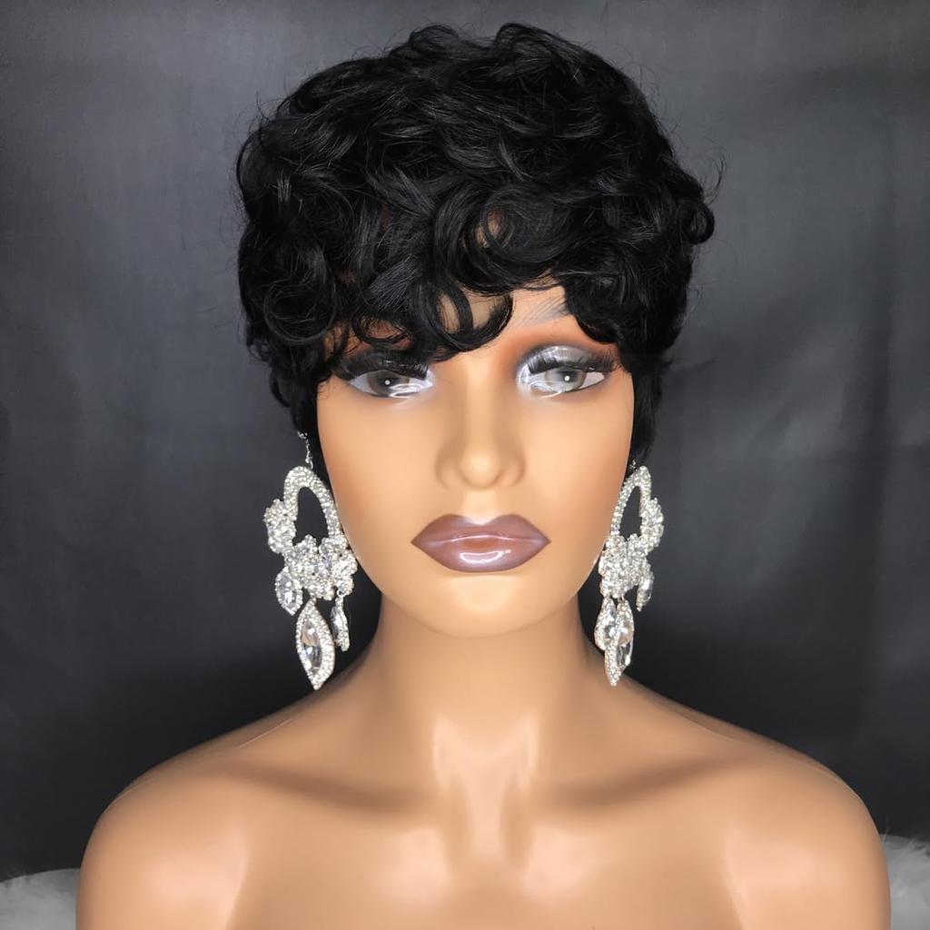 Short Pixie Wigs For Black Women Short Black Curly Pixie Wigs Synthetic Hair Wigs For Black Women Natural Wavy Black Pixie Cut W