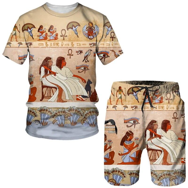 Мужская спортивная одежда из двух предметов, древнеегипетская футболка с 3D принтом, шорты фараона, уличная одежда для пар, летняя новинка