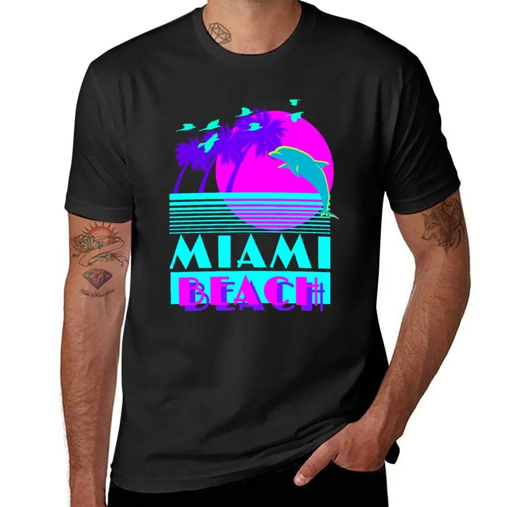 New Miami Beach Dolphin Retro T-Shirt black t shirts custom t shirts Short sleeve designer t shirt men
