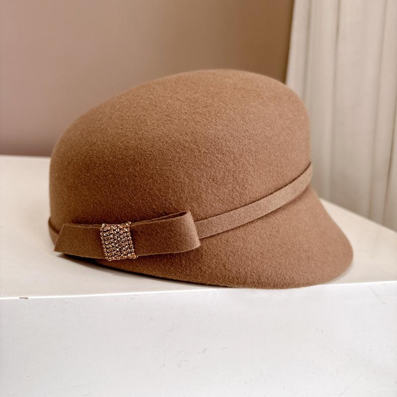 Французская шляпа для верховой езды со стразами и бантом Осень-зима Австралийская шерстяная фетровая шляпа Премиум-кепка для газетчика
