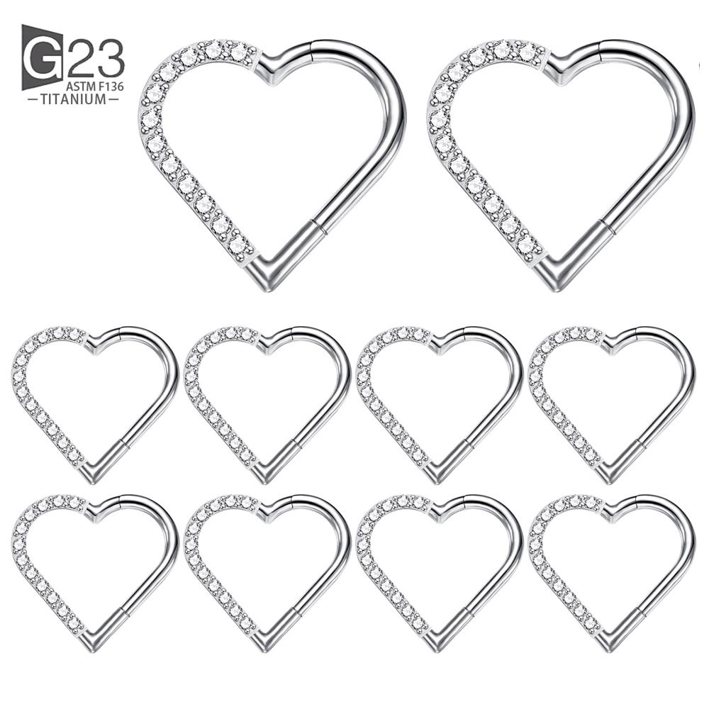 10 шт. Титановое кольцо для пирсинга Дэйт в форме сердца ASTM F136, кольцо-хуп для уха, хряща, трагуса, хеликса, на шарнирном сегменте, с прозрачным кубическим цирконием