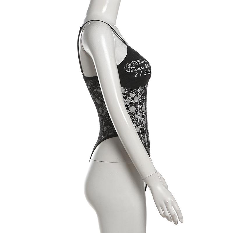 2024 Осень Женский Городской Шик Однотонный Кружевной Боди с Текстовыми Акцентами