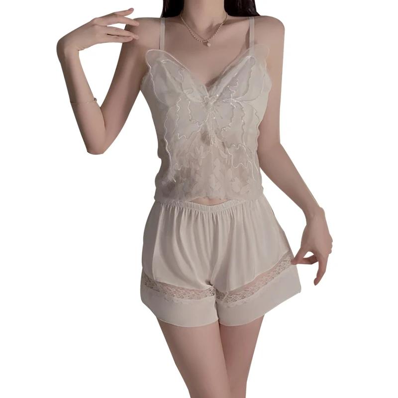 Очаровательный пижамный комплект для женщин с V-образным вырезом и рисунком бабочки, сексуальный пижамный топ с подкладкой для груди, женский пижамный комплект с шортами