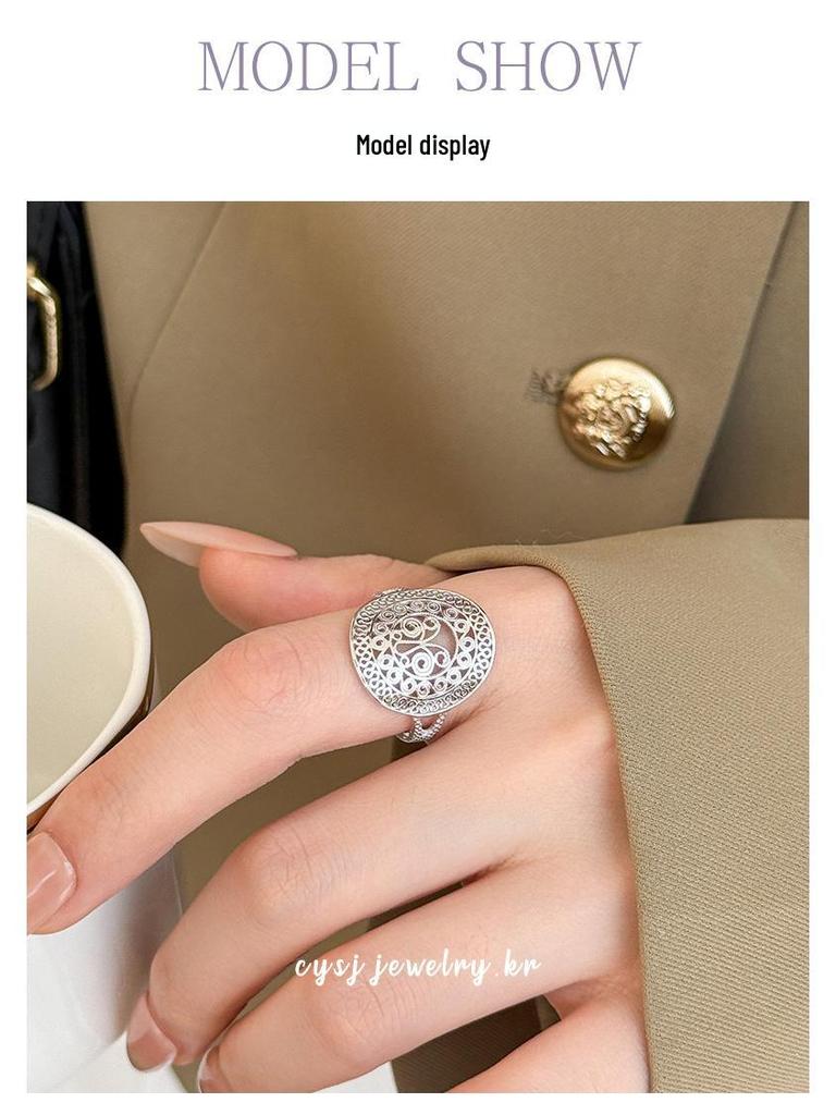Cuiyan Shijie S925 Silver Korean Hollow Pattern Ring for Women, New Chinese Style Fashion Ring
