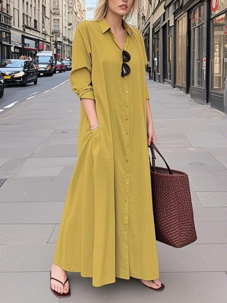 Женские свободные повседневные длинные платья-рубашки с лацканами и длинными рукавами