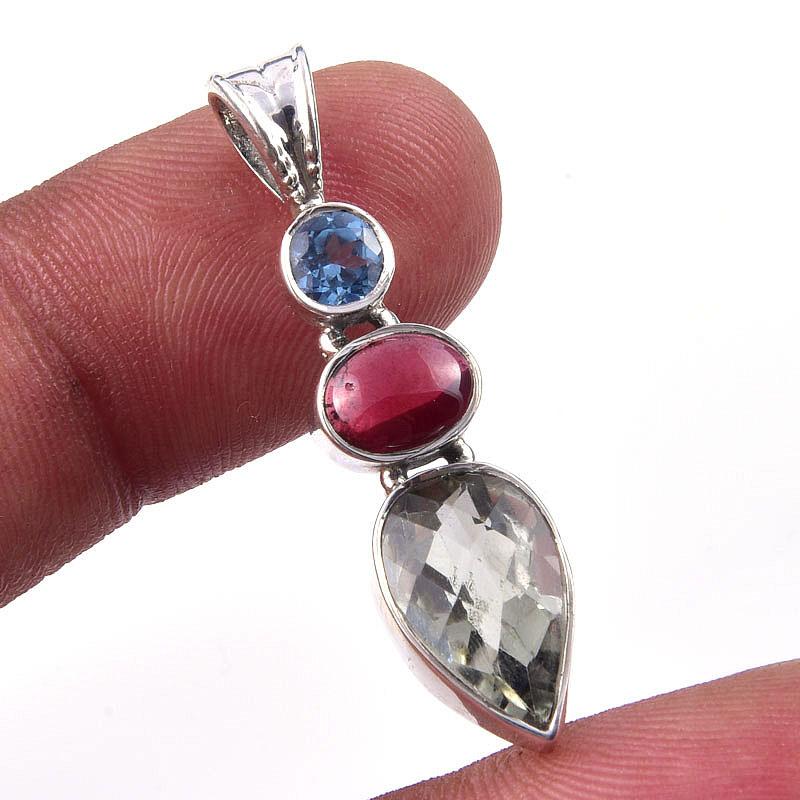 Natural Green Amethyst, Garnet 925 Solid Sterling Silver Pendant 1.50'' T4n26