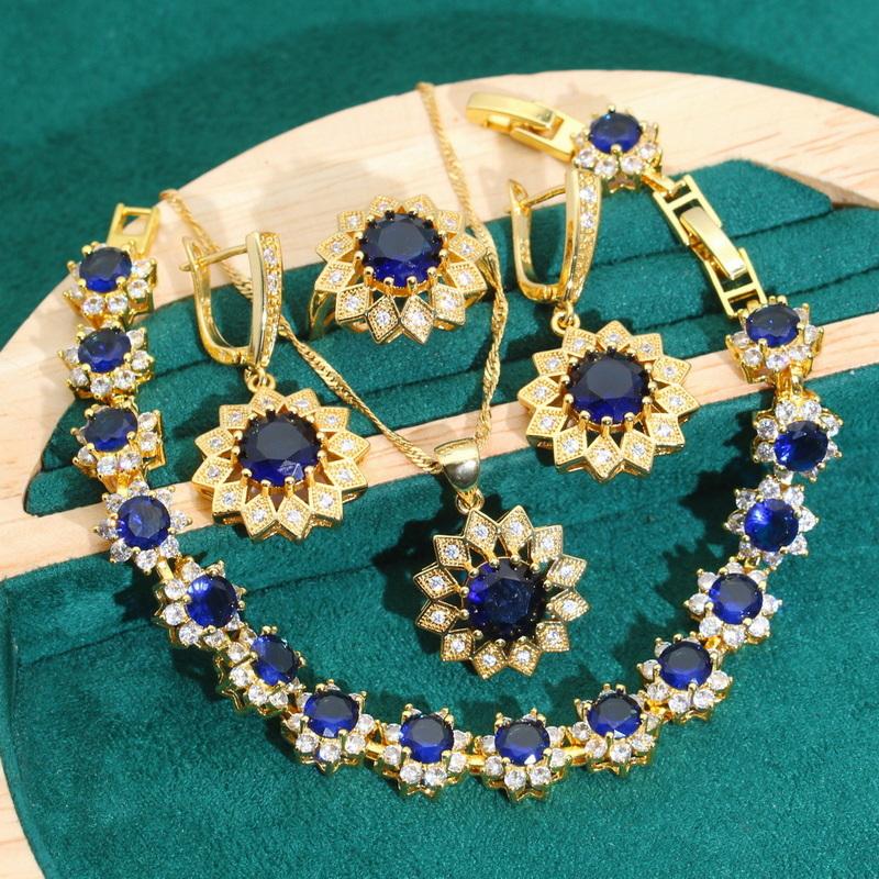 Золотой женский комплект ювелирных изделий, зеленый, синий браслет с цирконием, серьги, ожерелье, кулон, кольцо, подарок