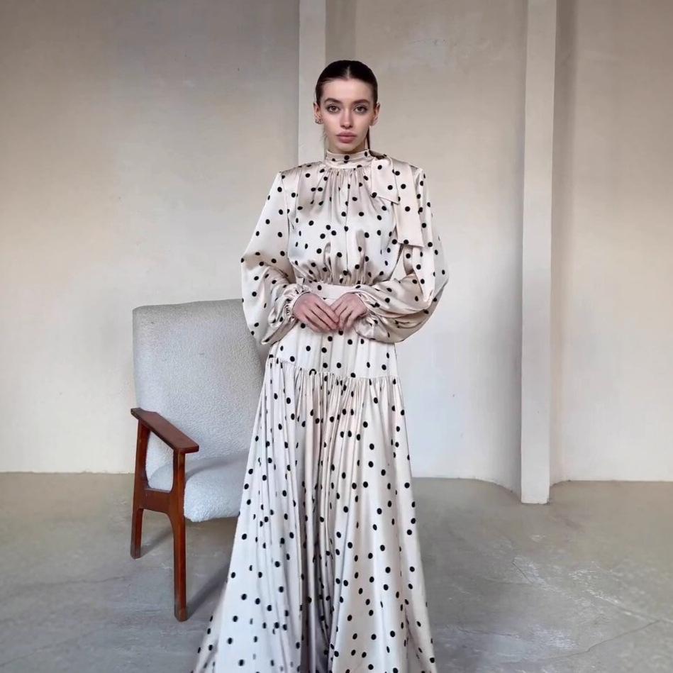 Европейская и американская женская одежда весна новая мода темперамент ретро в горошек рукав-пузырь большое расклешенное платье