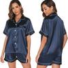 2 Pcs/Set Pajamas Suit Satin Single-breasted Cardigan Shirt V Neck Notch Collar Solid Color Shirt