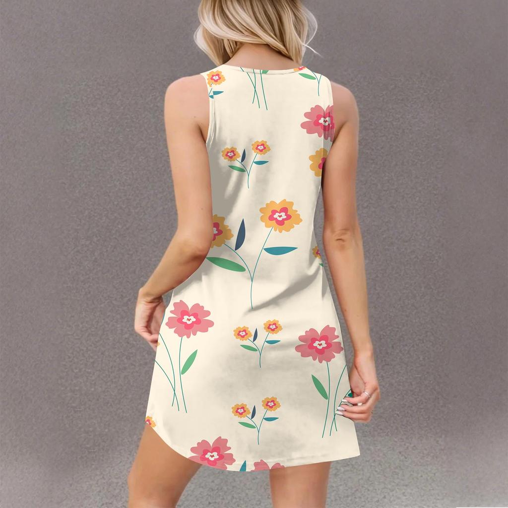 Женское повседневное летнее платье-жилет с карманами, цветочным принтом, V-образным вырезом, без рукавов