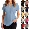 Women's Fashion Solid Color V Neck Button Pocket Short Sleeved Shirt Cotton Casual  T-shirt Top
