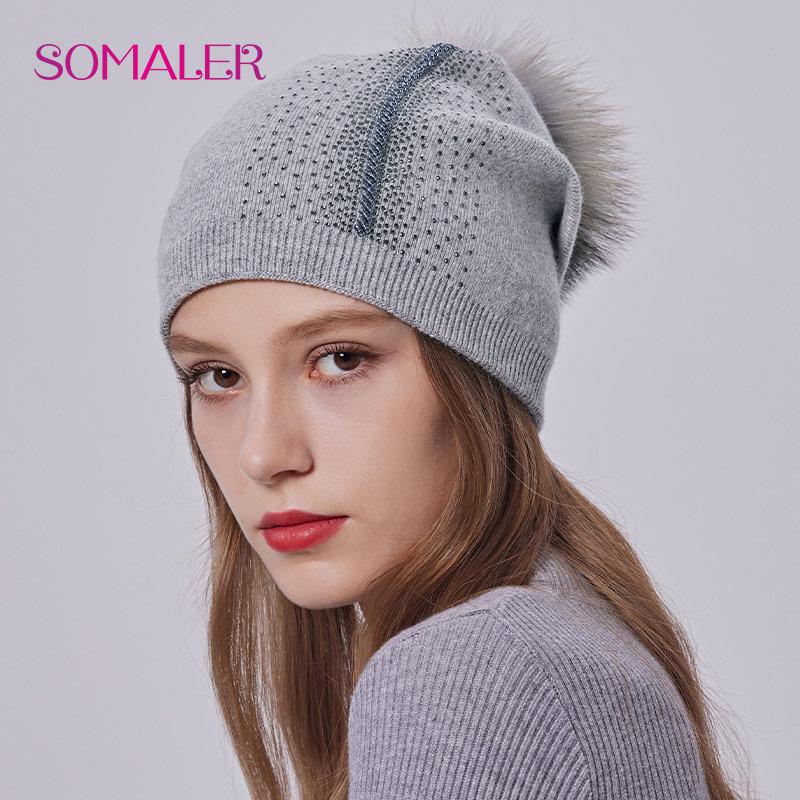 SOMALER Зимняя вязаная шапка с большим помпоном из натурального меха для женщин, теплые шерстяные шапки с украшением, модные вязаные шапки с черепом