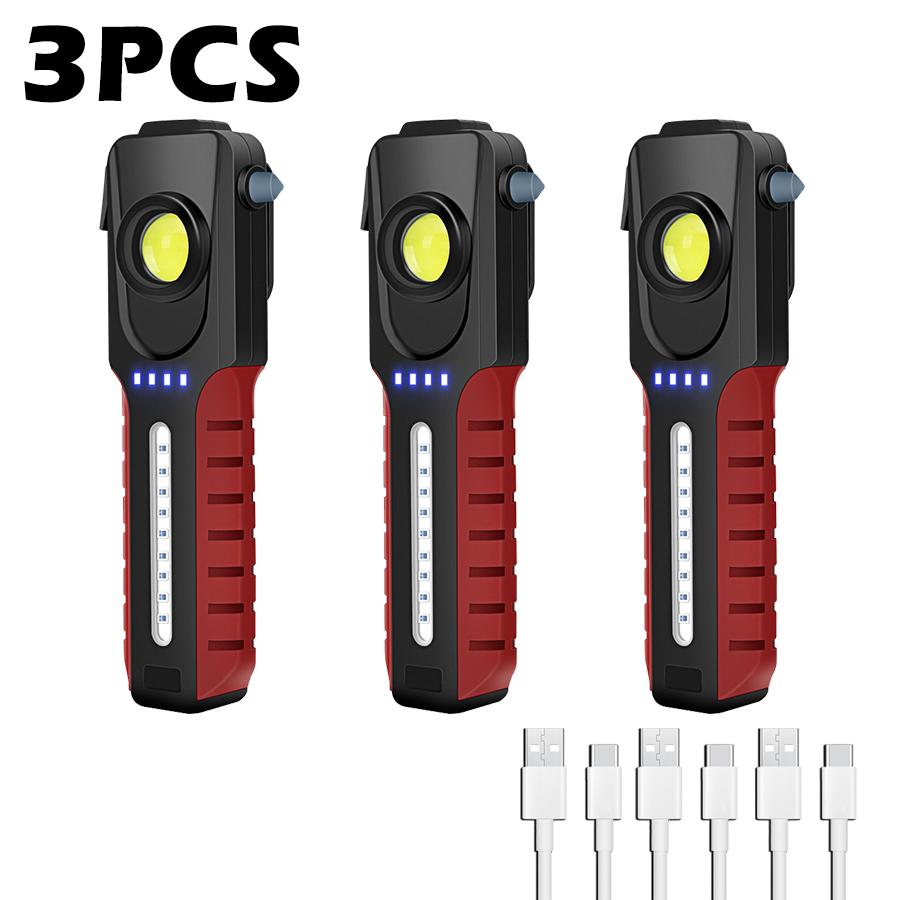 Multifunctional Super Bright LED Flashlight With Side Light USB Rechargeable Outdoor Portable Magnetic Torch Lamp Safety Hammer