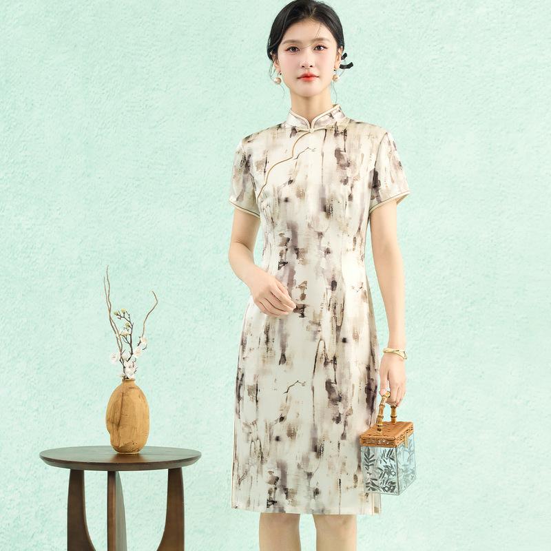 Flag Opening Victory 19mm Mulberry Silk Cheongsam [Abstract Splash Ink Pattern] Elegant and Elegant Straight Tube Dress