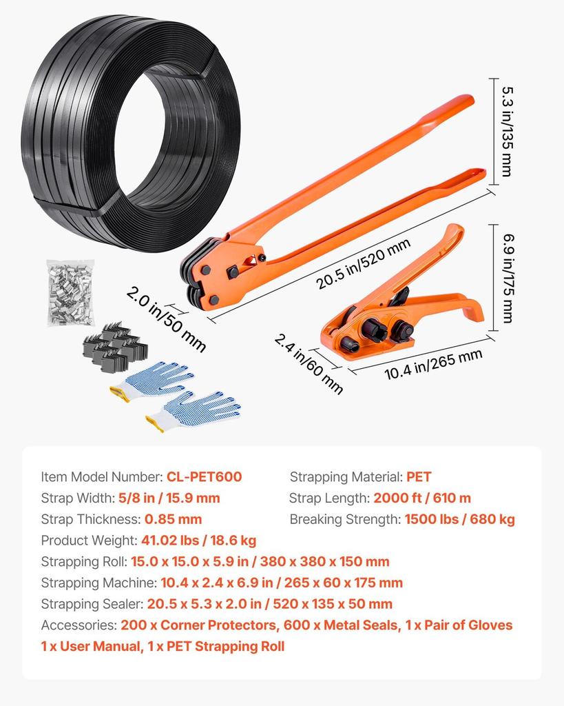 Banding Strapping Kit, Heavy Duty Banding Sealer Tool with 610 m PET Band, 600 Metal Seals, 200 Corner Protectors, Plastic Pallet Packaging Strapping