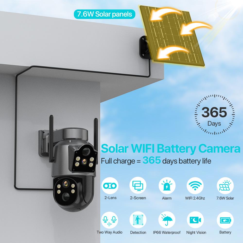 4K 8MP Wireless Solar Camera Outdoor WiFi PTZ Camera Built-in Battery PIR Detection Video Surveillance Long Time Standby